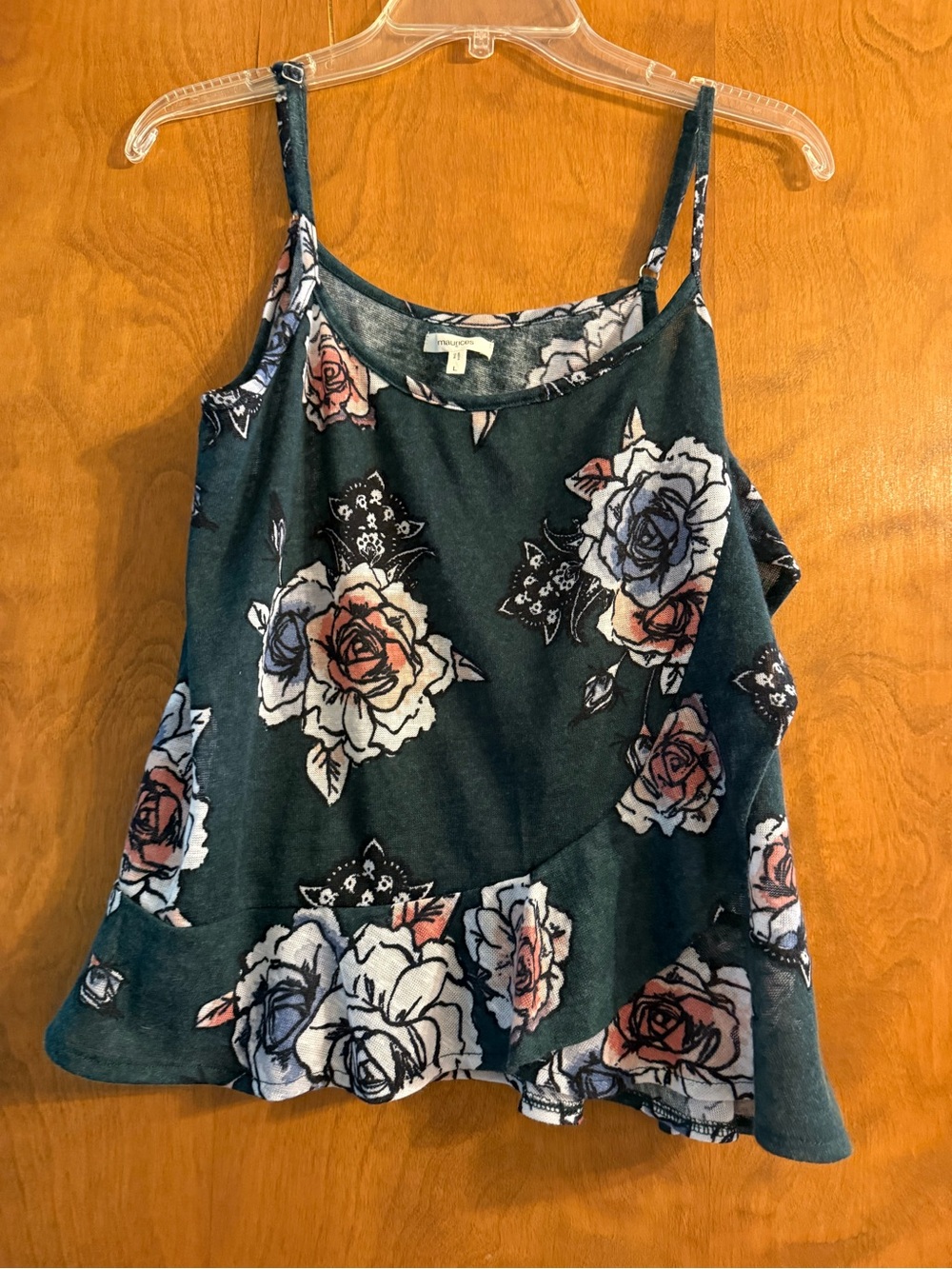 Maurices Teal Floral Ruffle-Hem Cami